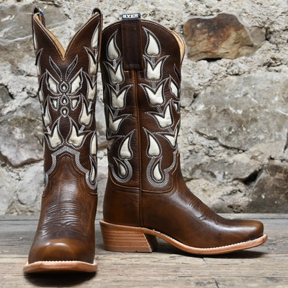 View of Hyer ROZEL 13&quot; boots showcasing walnut cowhide vamp and top with cream cowhide underlay design, Cutter toe, and leather stacked heel