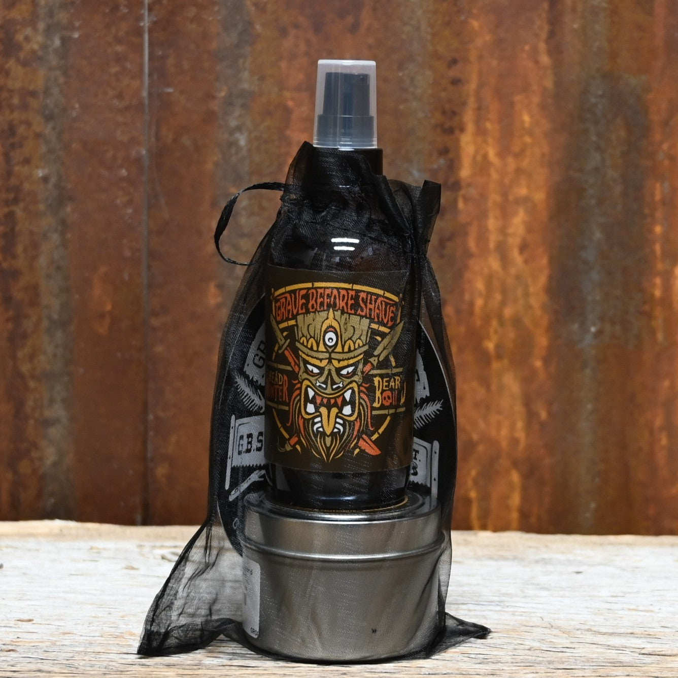 Grave Before Shave Large Head Hunter Beard Pack with 4 oz beard oil and 4 oz beard balm in tropical scent