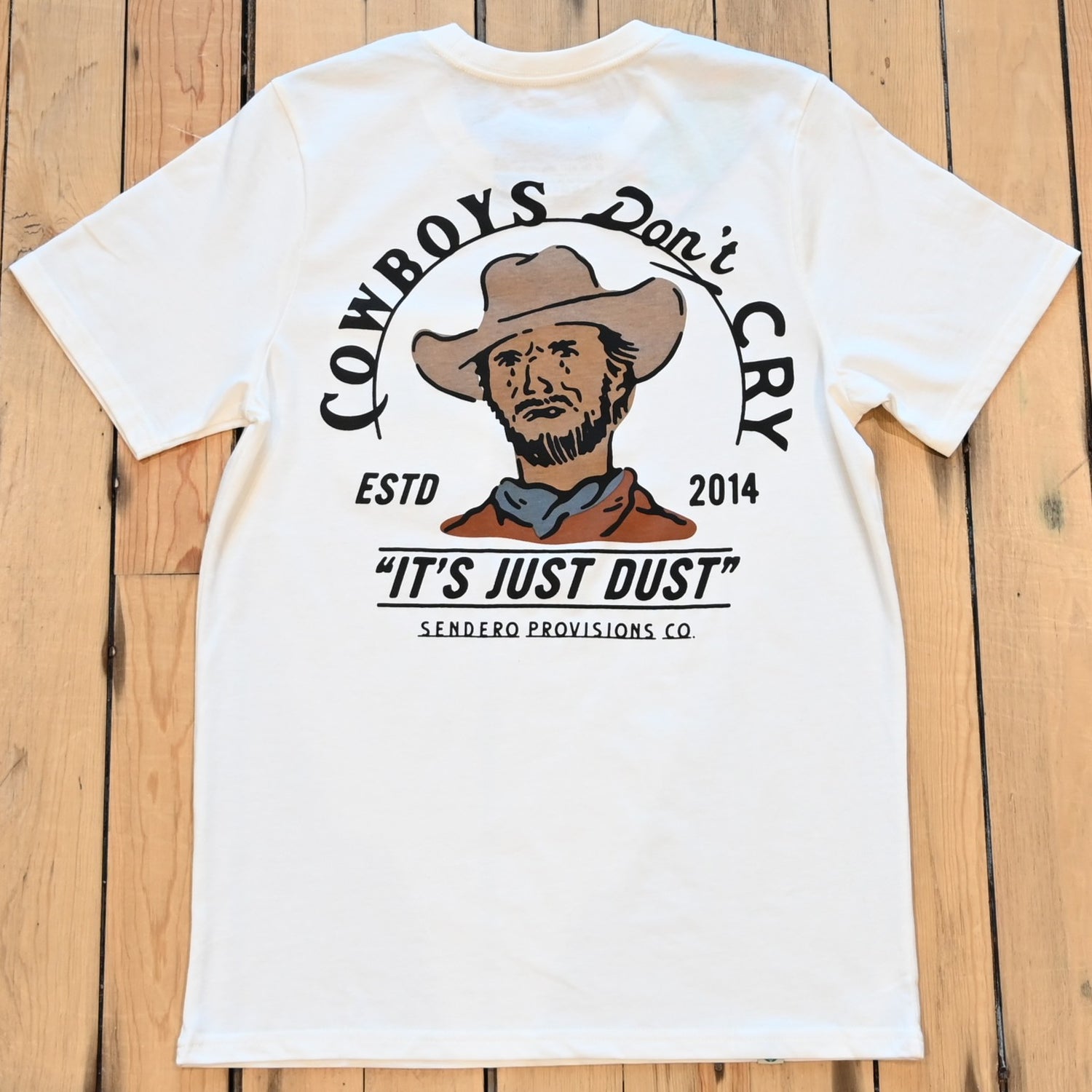 Vintage white Cowboys Don’t Cry T-Shirt by Sendero with humorous Western text referencing iconic cowboys