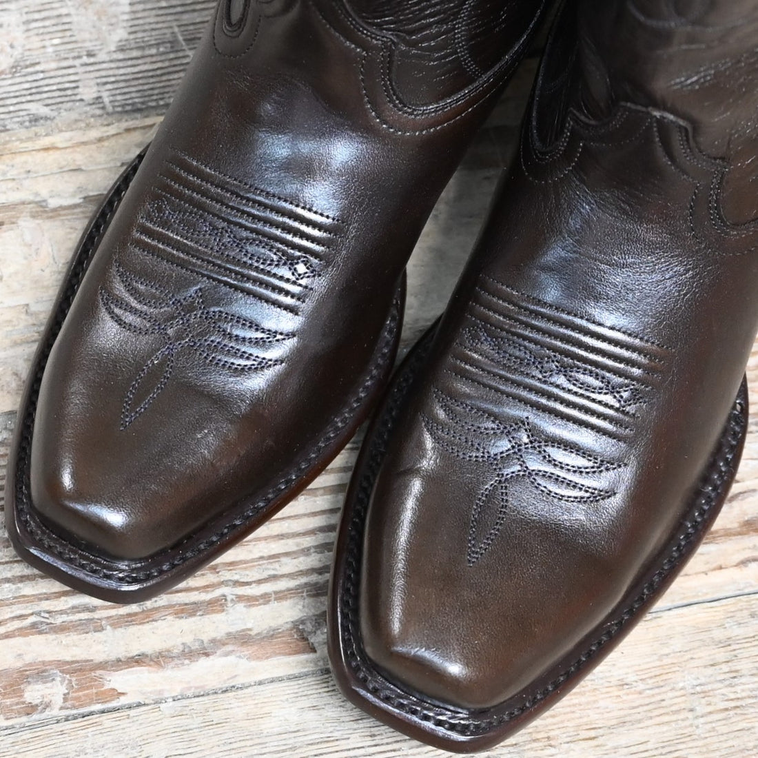 View of Hyer ABBYVILLE 16&quot; boots in Brown Top with Brown Vamp featuring Wisteria stitch pattern and leather pull straps
