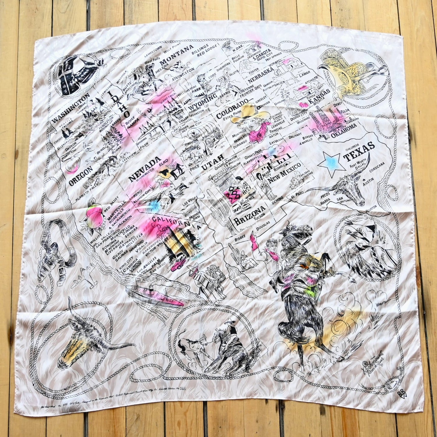 View of Rockmount silk scarf with vintage map of the western United States, 36″ square