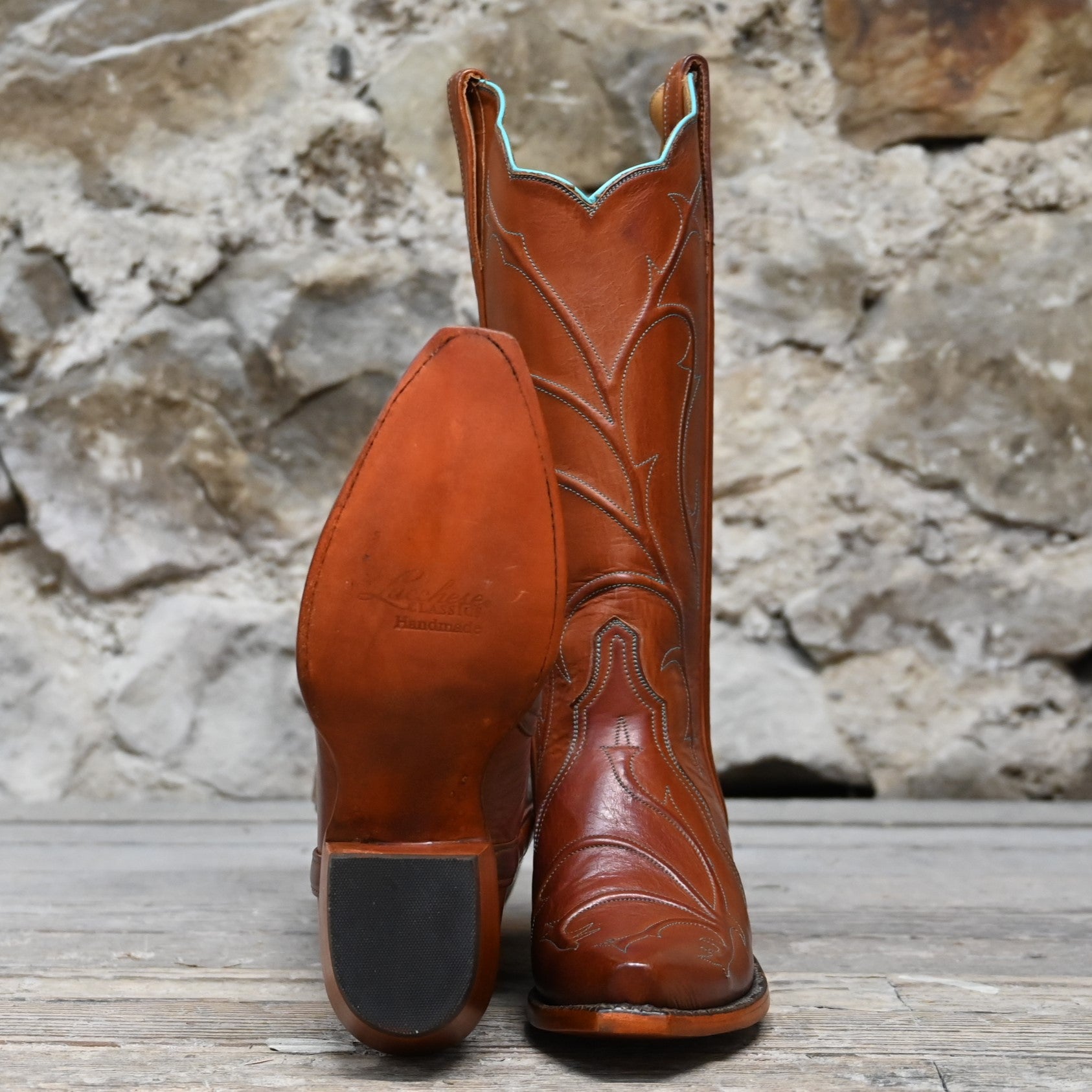 Lucchese Ladies Cleo Boot in burnished cognac calf leather with turquoise stitching and 13-inch shaft