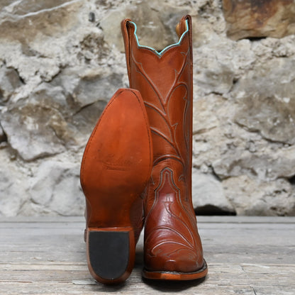 Lucchese Ladies Cleo Boot in burnished cognac calf leather with turquoise stitching and 13-inch shaft