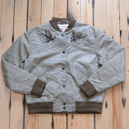 Filson Ladies Western Satin Jacket in Silver Sage featuring embroidered western yokes and a snap-front design.