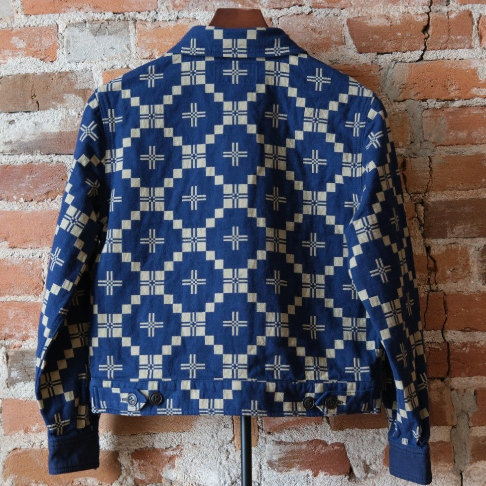 Filson Ladies Colchuck Short Jacket in Navy/Sage Jacquard featuring an intricate graphic pattern and waist-length design.