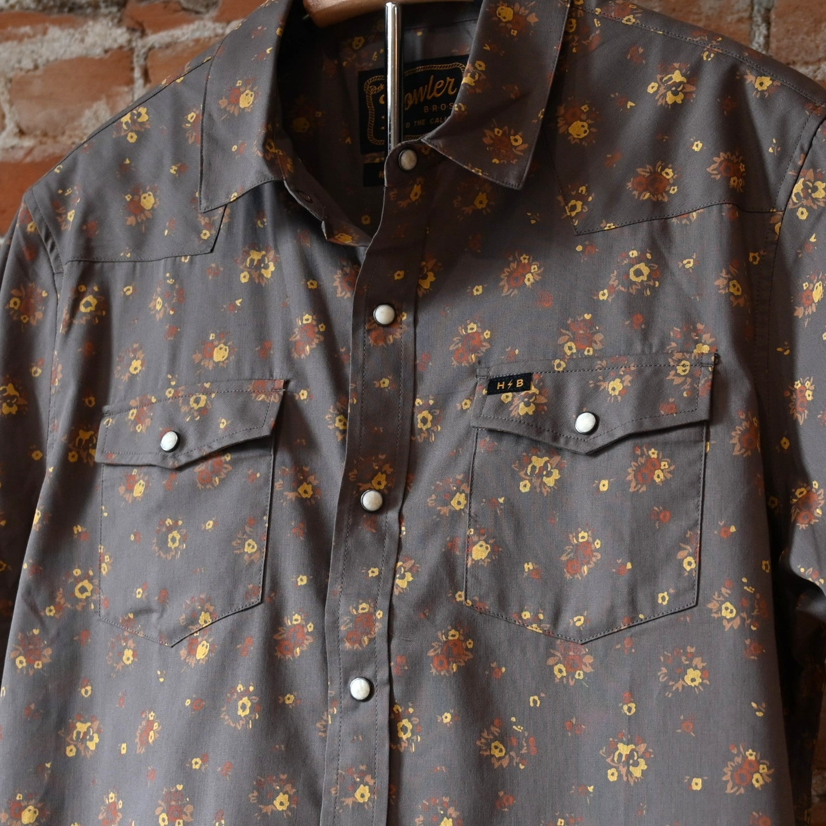 Howler Bros H Bar B Snapshirt in Bouquets Morel with pearl snaps and Western yoke detailing