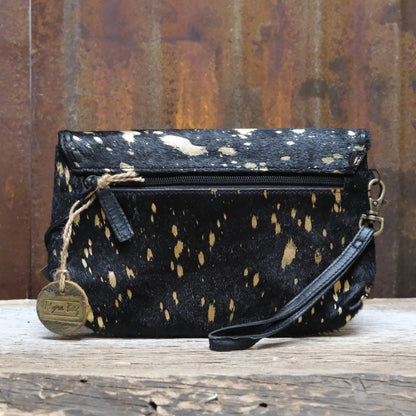 Myra gold sequin wallet with leather trim and zipper closure