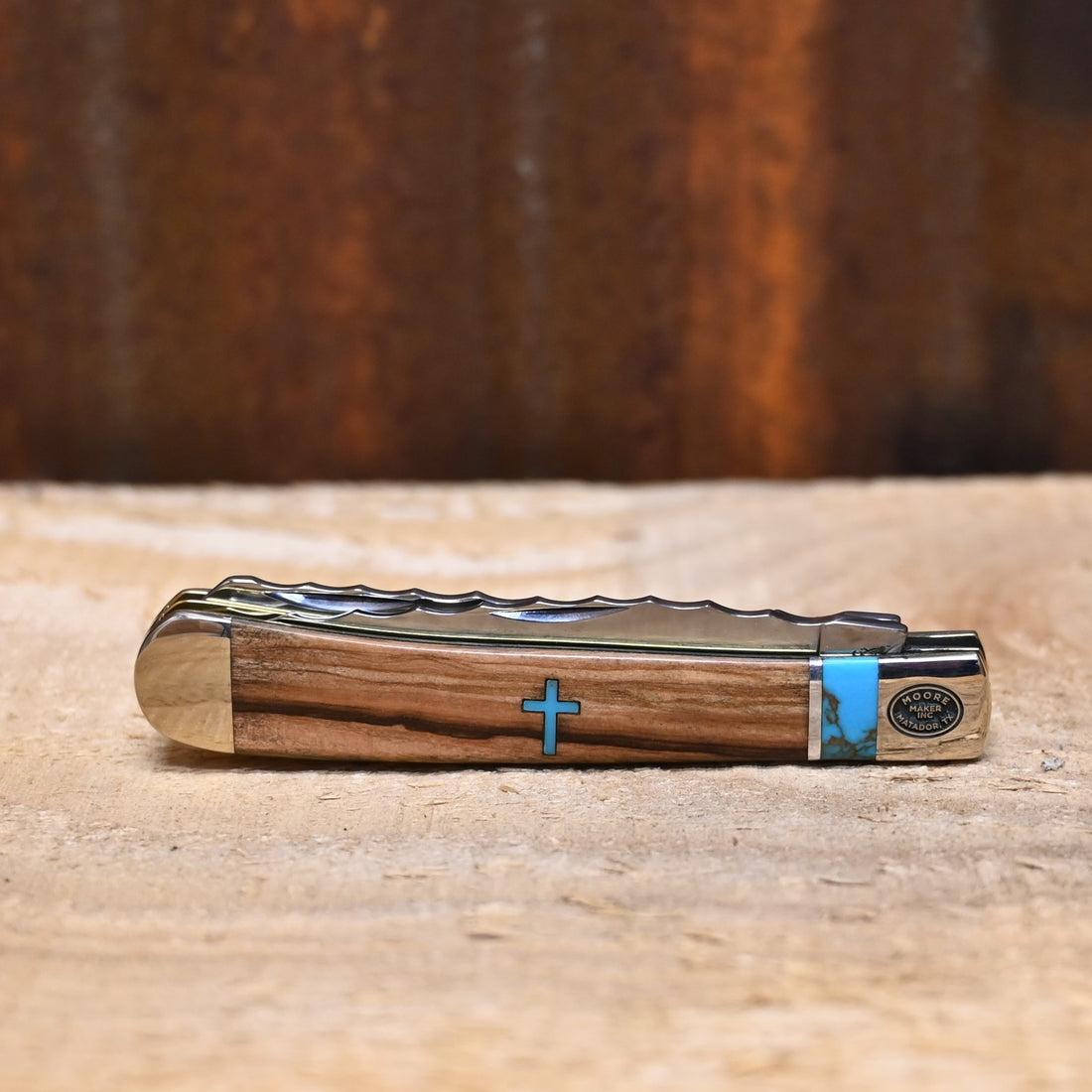 Moore Maker Trapper 4 1/8&quot; Two Blade withTurquoise Cross Inlay view of knife