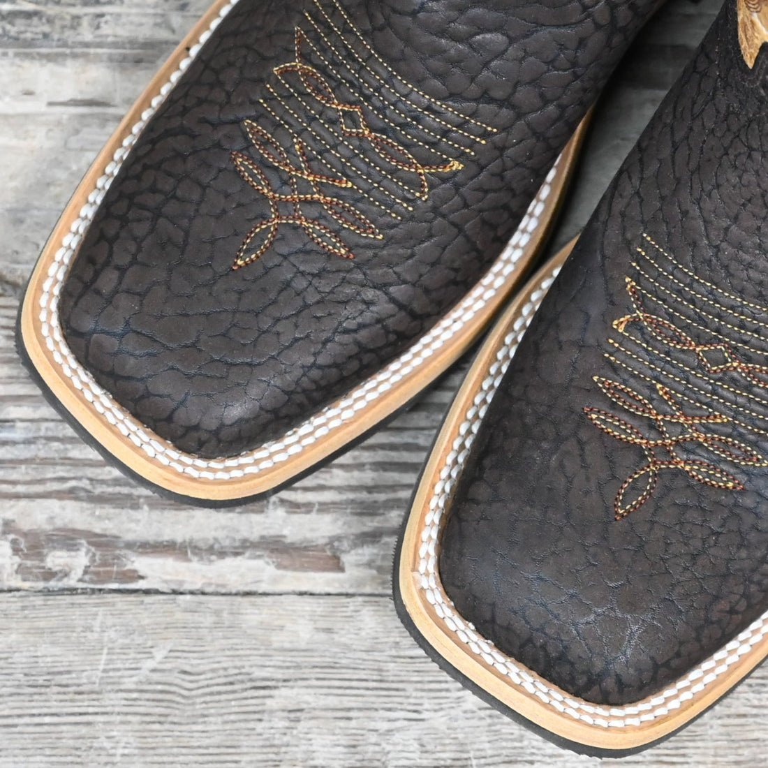 View of Hondo 13&quot; cowboy boot with oryx crater top, sand nubuck bullhide vamp, and wide square toe