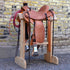 View of Deeter 3B Visalia Roughout Saddle with floral stamping and post horn