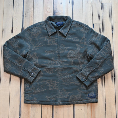 Pendleton Quilted Chamois Work Jacket in Wild Landscape Olive with tan cowboy and horse landscape pattern