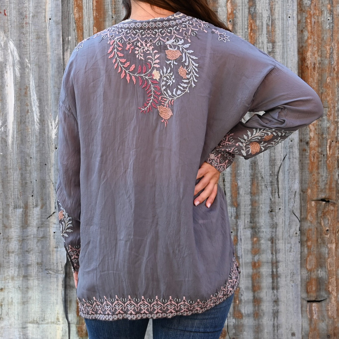 View of Johnny Was Sundae Tunic in Cloudburst with florals and henley neckline