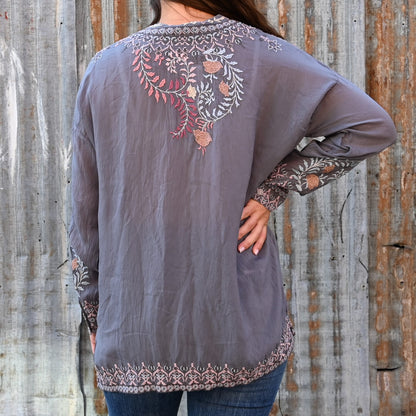 View of Johnny Was Sundae Tunic in Cloudburst with florals and henley neckline