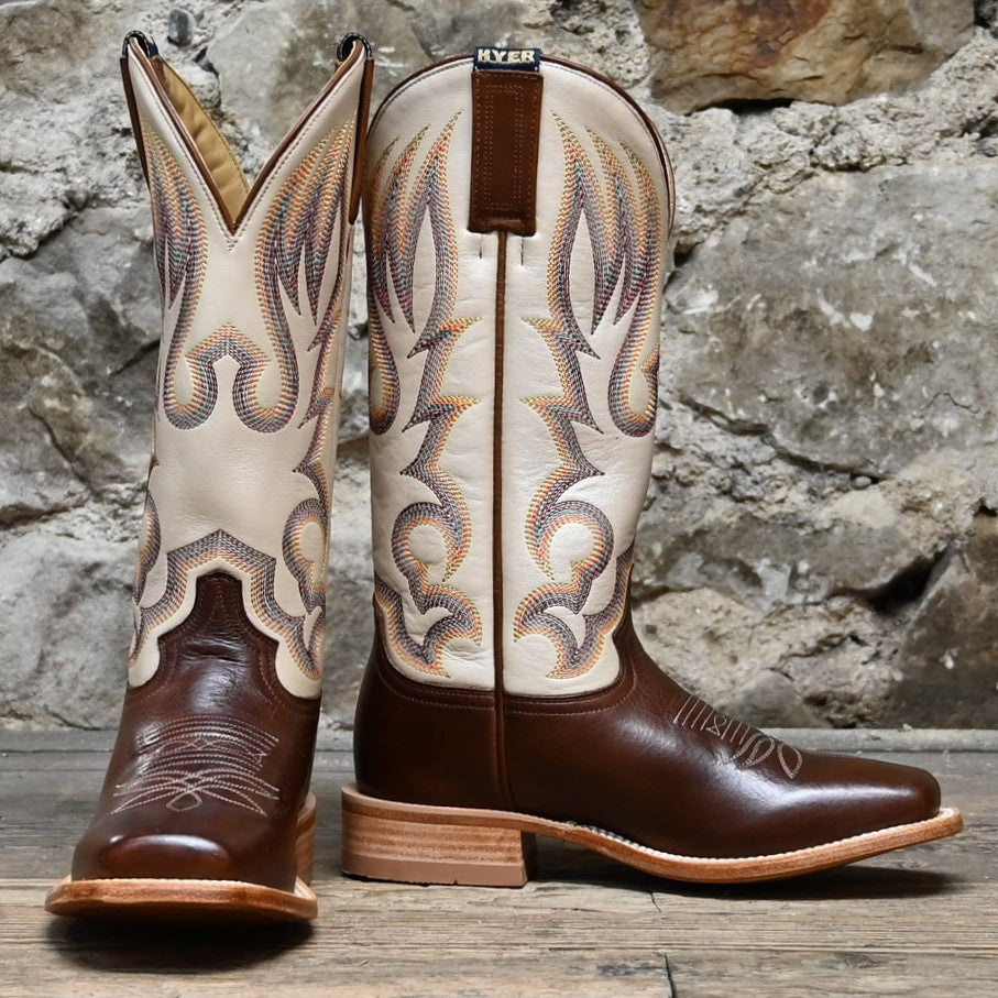 Hyer Augusta 13″ boot with metallic bone cowhide top and saddle tan vamp, square toe and leather heel