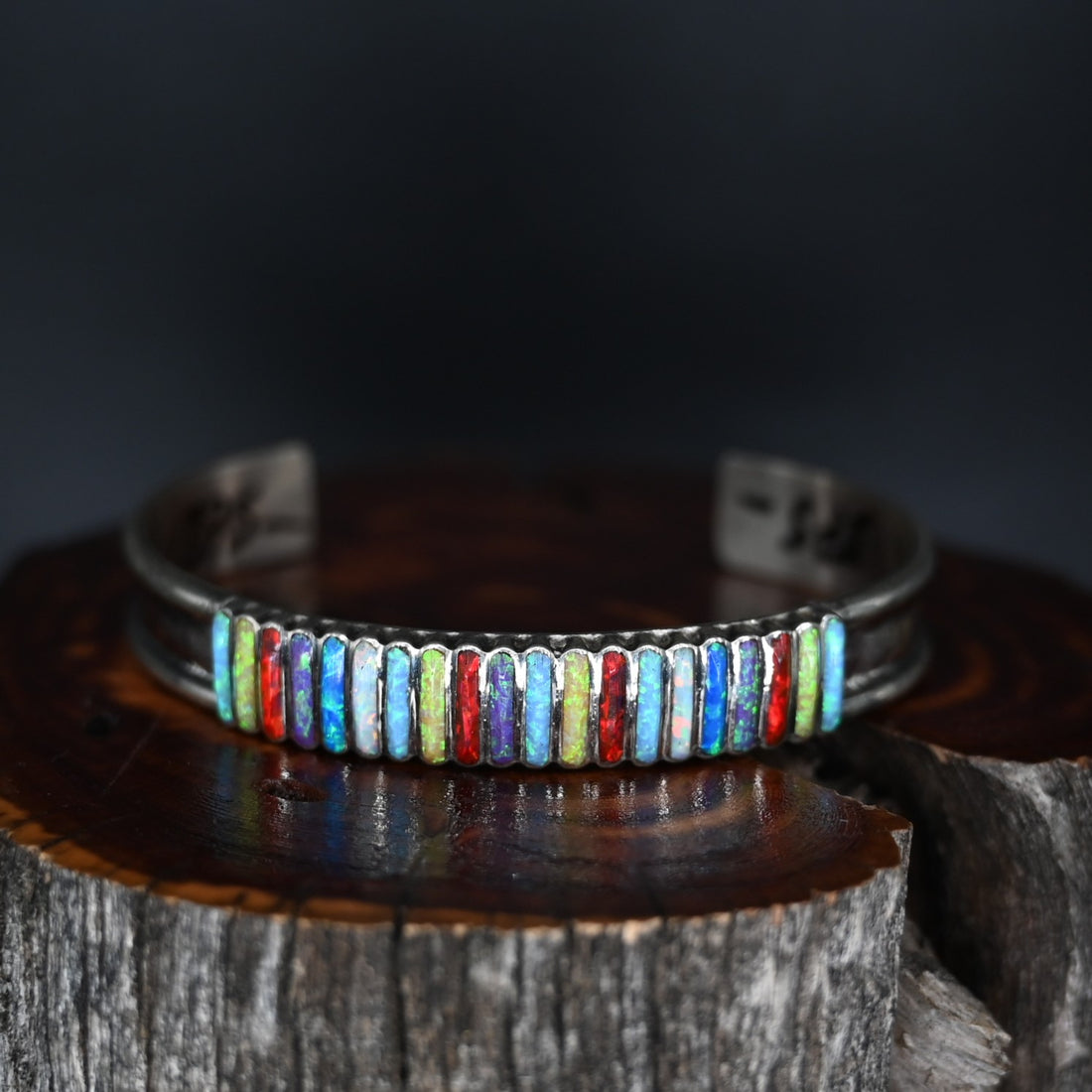 View of Sunwest Silver Zuni Stone Cuff featuring a vibrant Zuni stones set in sterling silver