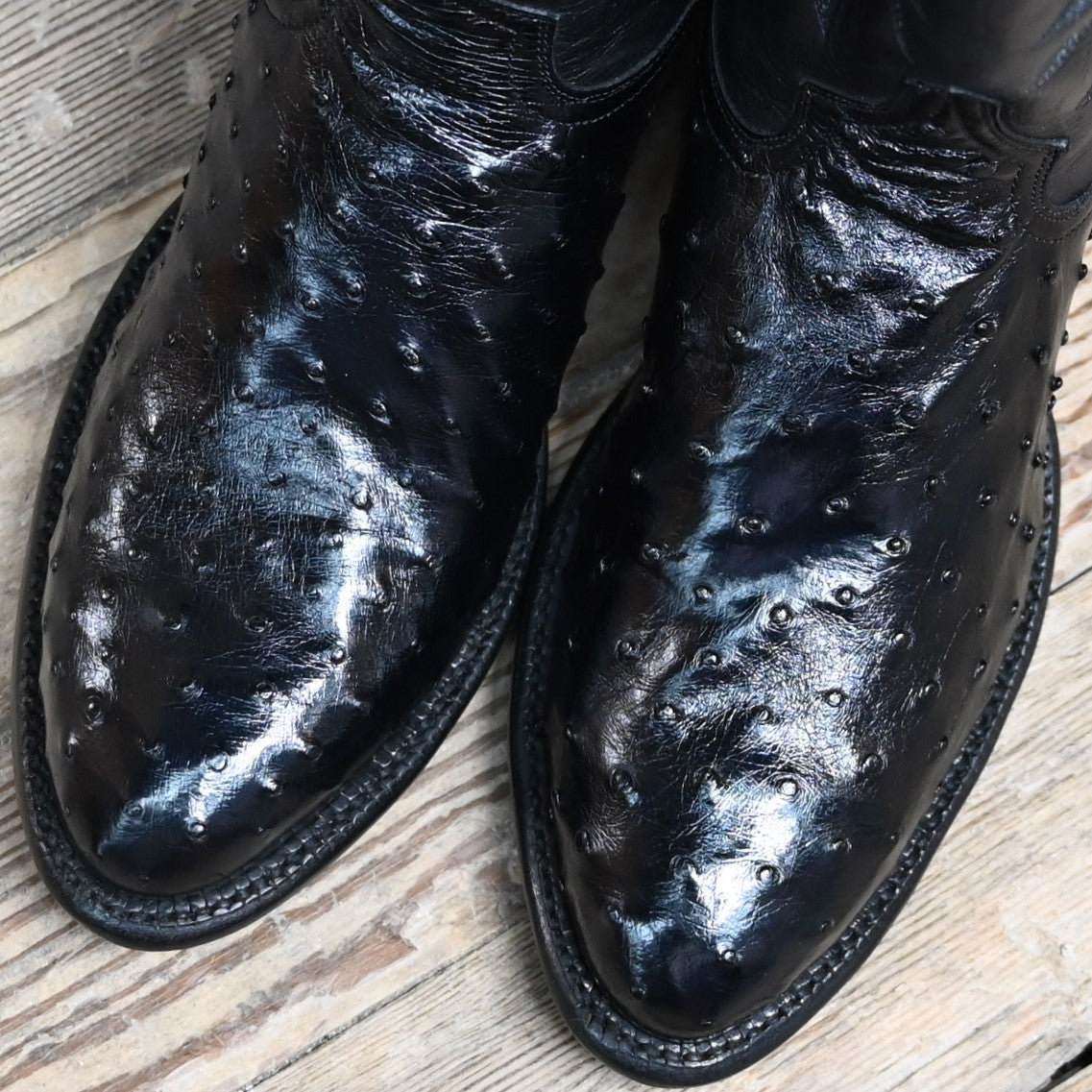 View of Hyer HAVEN 13&quot; boots showcasing black full-quill ostrich leather vamp and black Ranch Hand cowhide top with round toe and underslung heel