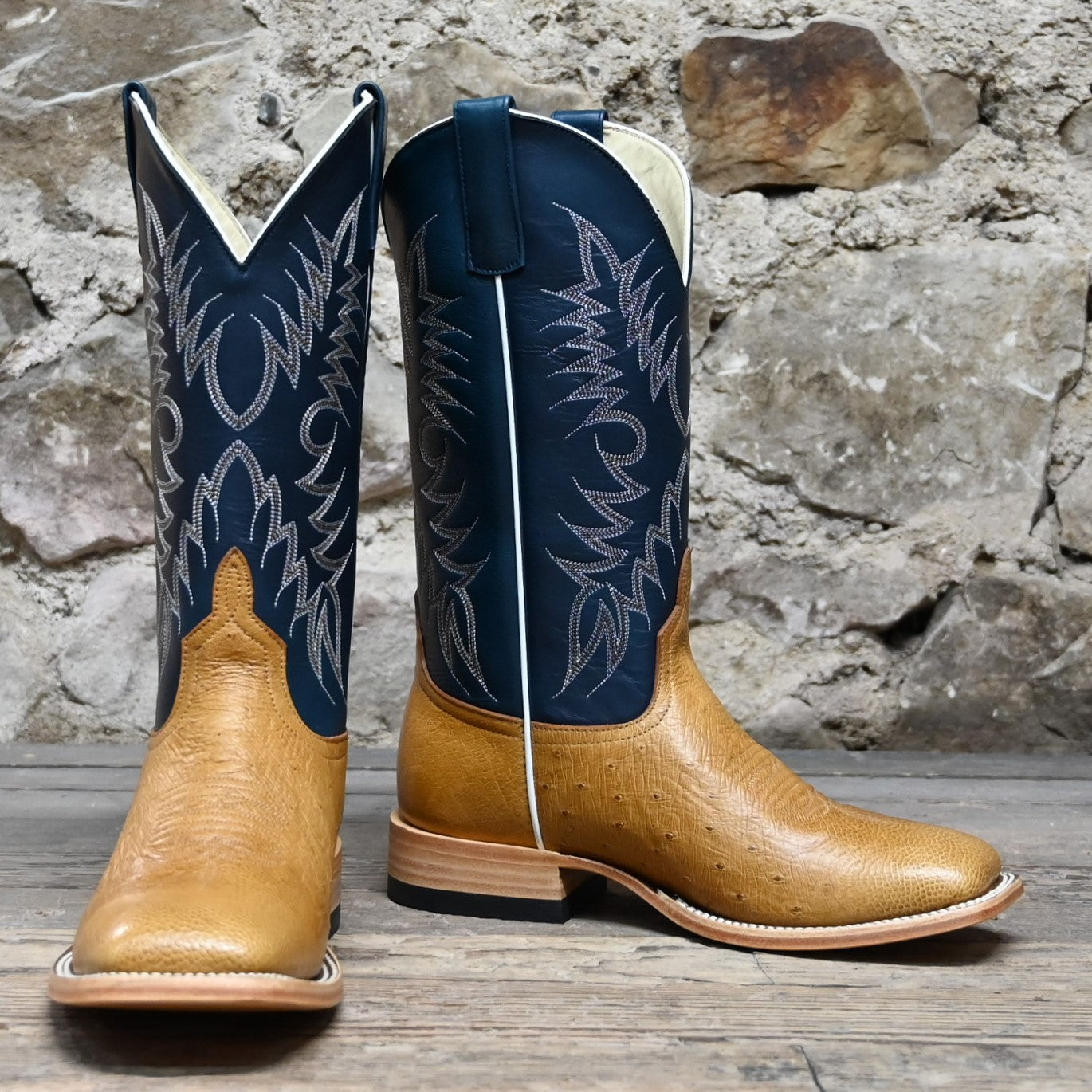 View of Horse Power 13&quot; boot with blue glove top, antique saddle ostrich vamp, square toe, and pull straps
