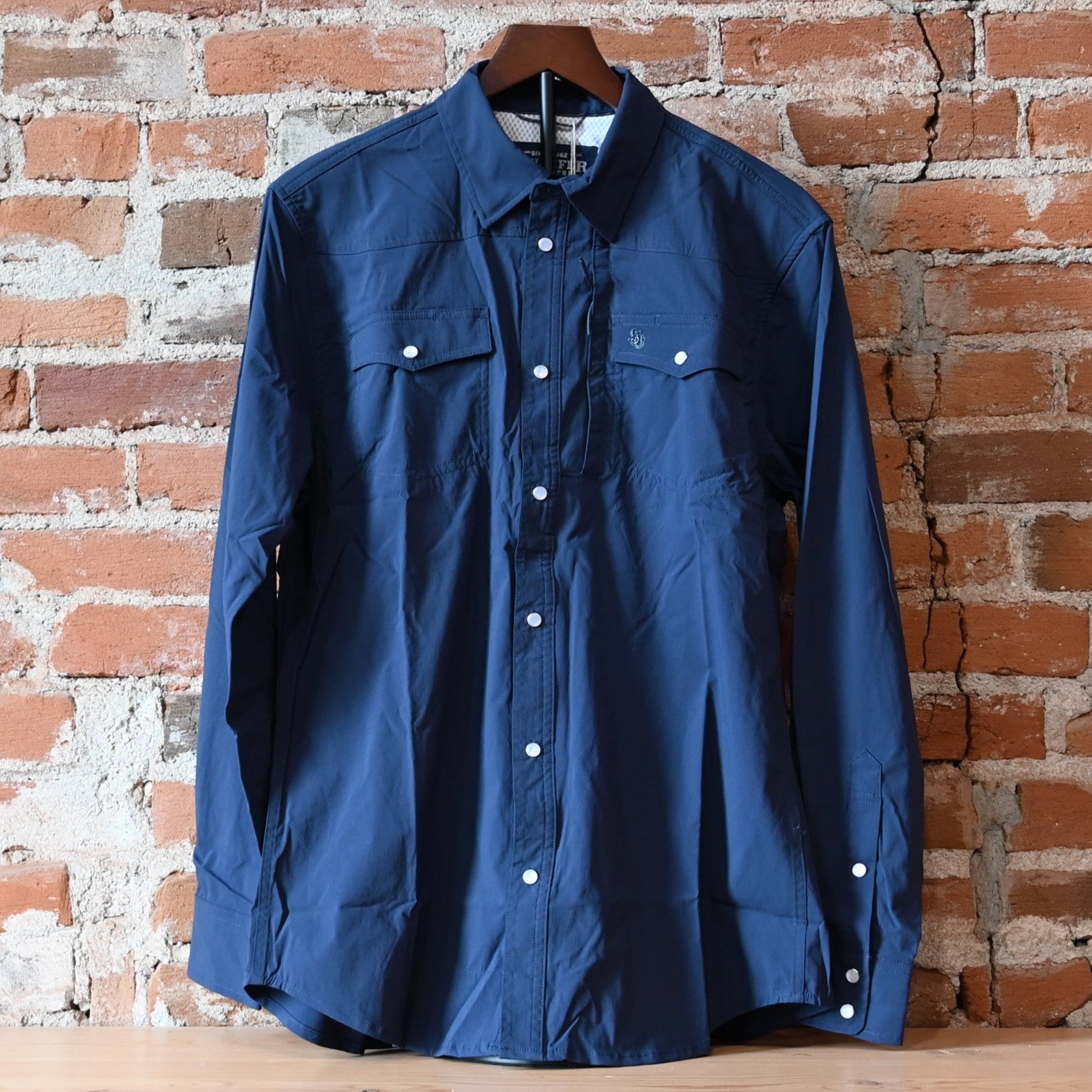 Schaefer RangeTek navy western guide snap shirt with snap front and yoke detailing