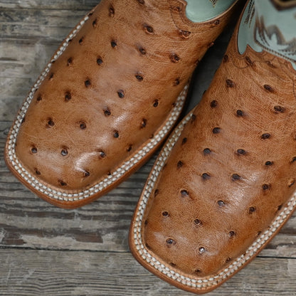 View of Hyer HARPER 13&quot; boots showcasing Brandy full-quill waxy ostrich vamp and Robin&