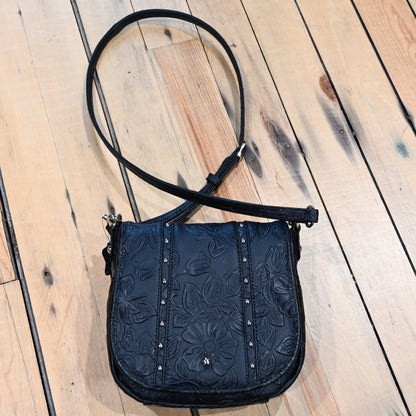 Gun Toten Mamas black studded flap conceal carry bag with embossed rose-leaf tooling