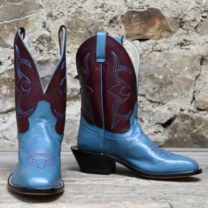 View of Atomic 79 exclusive Hondo Bronc Boot with burgundy top, sky blue vamp, French square toe, and spur lip