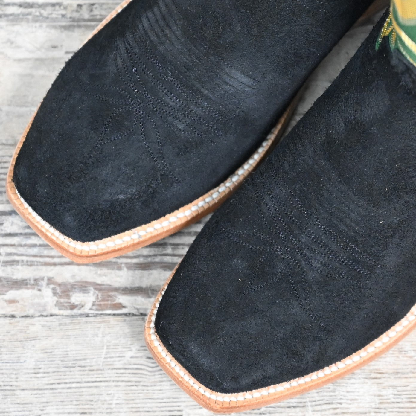 View of Hyer CULVER 13&quot; boots showcasing black napped roughout leather vamp and grass vintage goat upper with Cutter toe and underslung heel