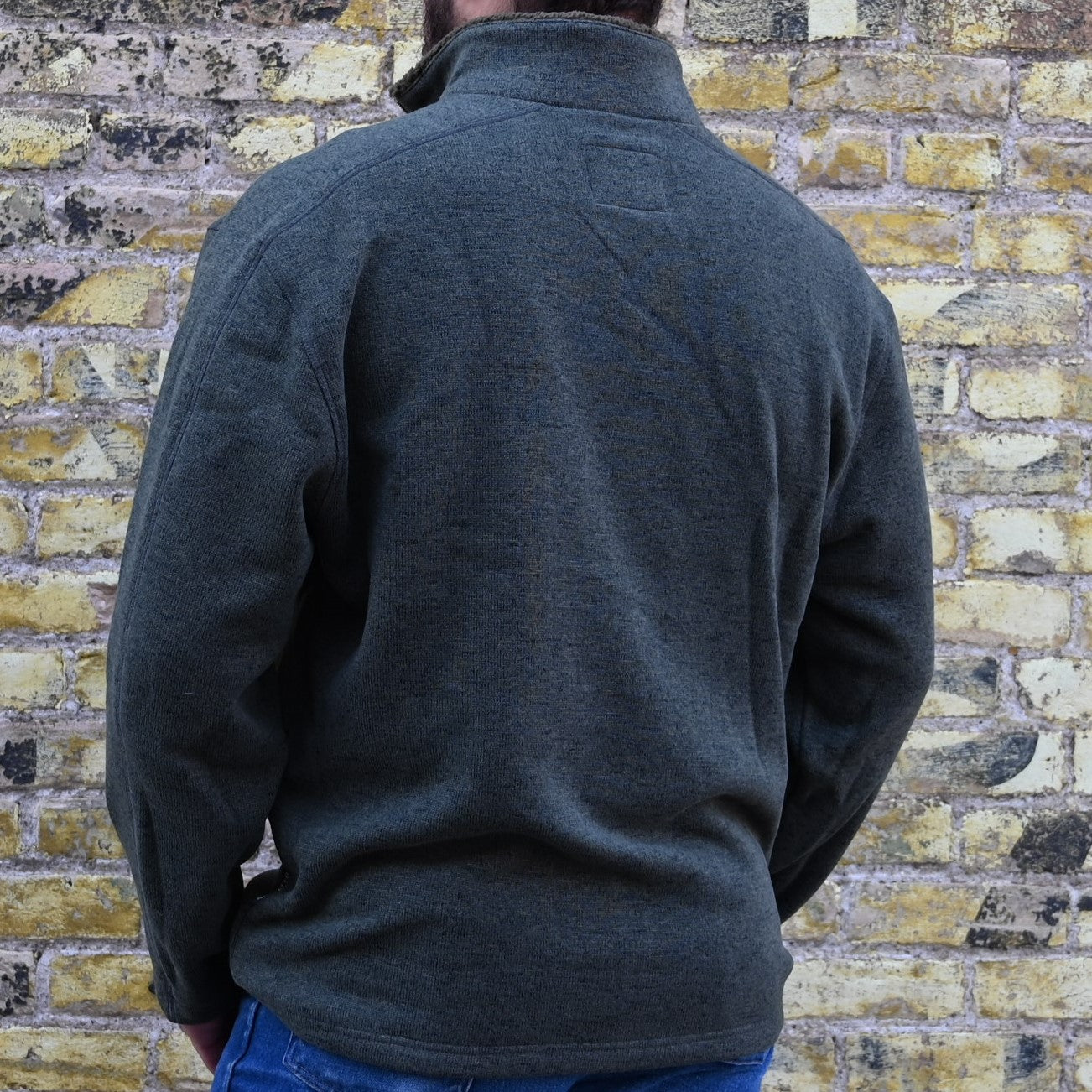 View of Schaefer Elkhorn quarter-zip pullover in navy, taupe, loden, or grey with sherpa-lined collar and leather zipper pull