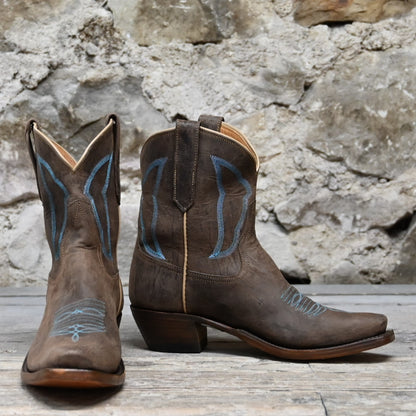 Rios of Mercedes ladies 8″ boot with chocolate-colored top, turquoise stitching, and cutter snip toe