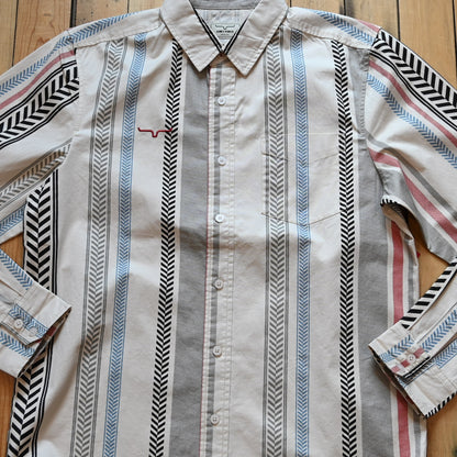 Kimes Ranch Men’s Double Tap Stripe Button-Up Shirt in cream with red, blue, gray, and black vertical stripes