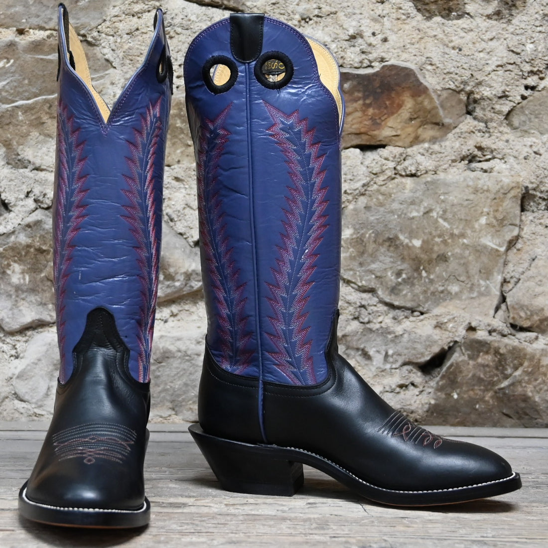 View of Hondo 16&quot; cowboy boot with purple top, black retan vamp, pull holes, and medium round toe