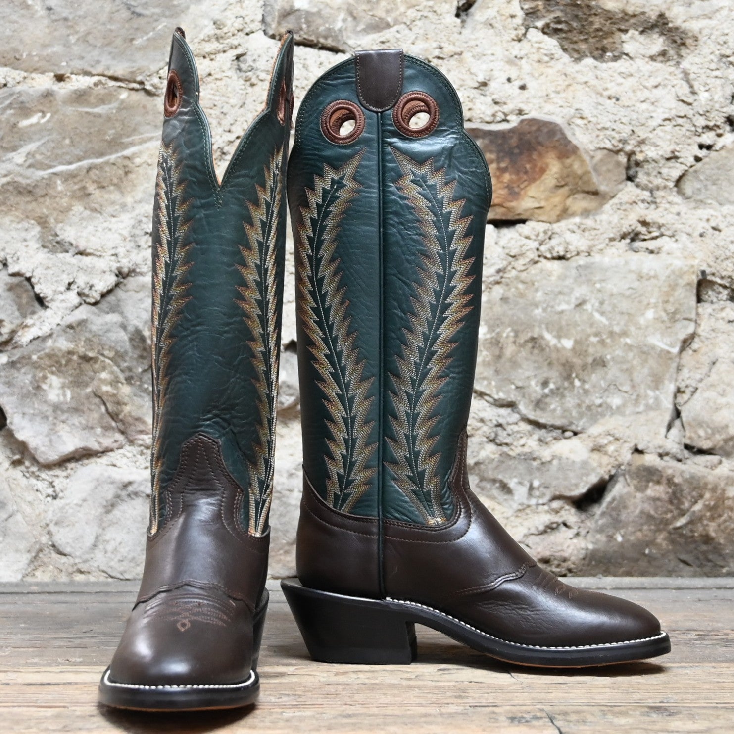 View of Hondo 16&quot; cowboy boot with forest green retan-lined top, brown retan vamp, medium round toe, and spur ledge