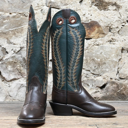 View of Hondo 16&quot; cowboy boot with forest green retan-lined top, brown retan vamp, medium round toe, and spur ledge