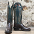 View of Hondo 16" cowboy boot with forest green retan-lined top, brown retan vamp, medium round toe, and spur ledge