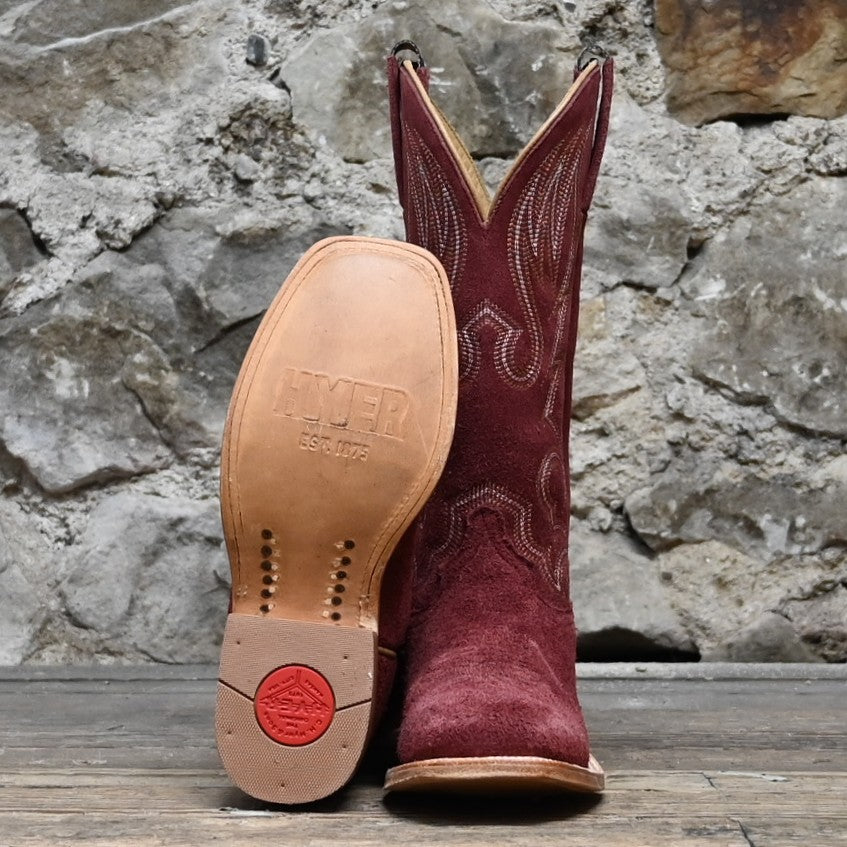 Hyer Augusta 13″ boot in burgundy roughout on shaft and vamp, square toe and leather heel