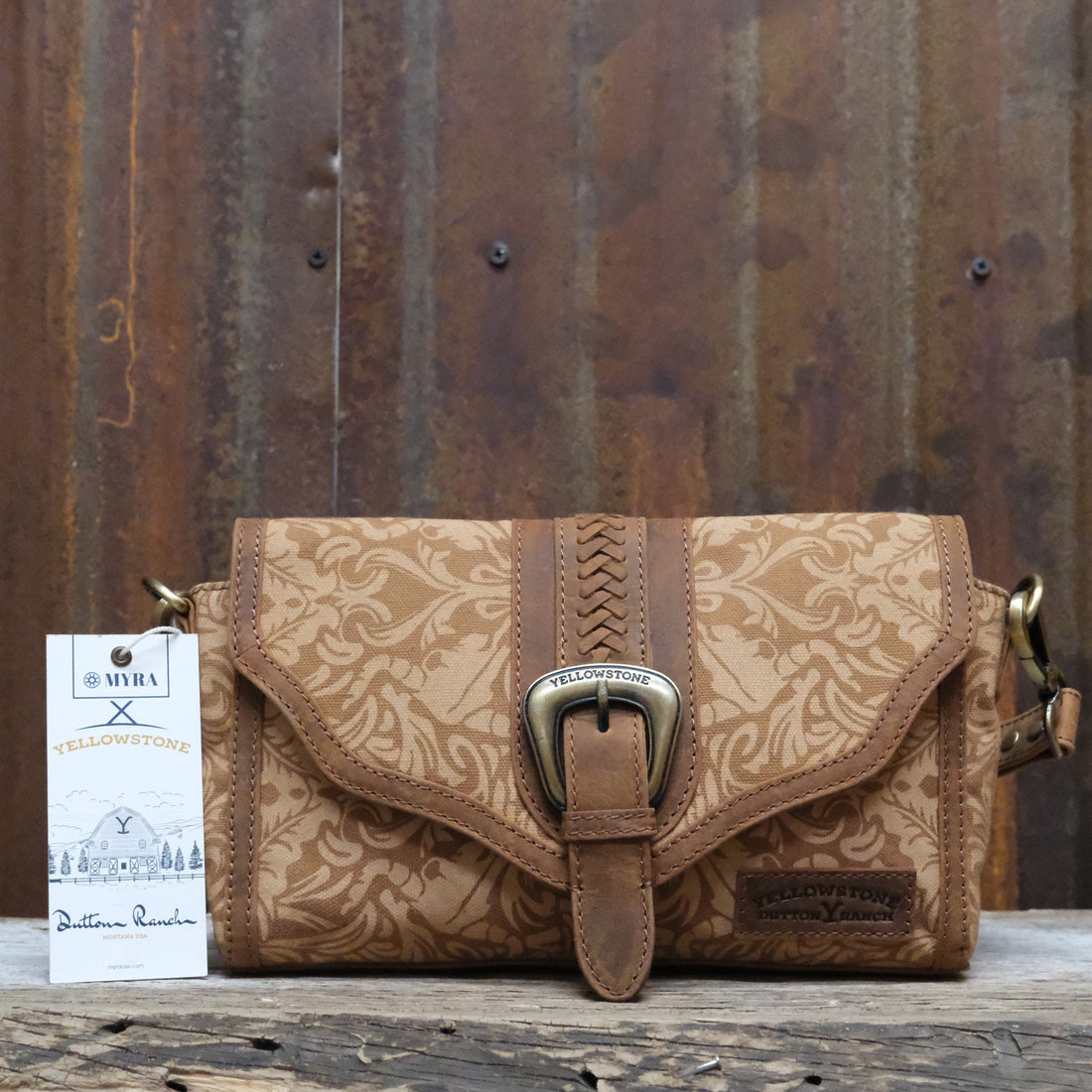 Myra Yellowstone Maverick Sky printed canvas crossbody bag in amber with buckle and leather trim