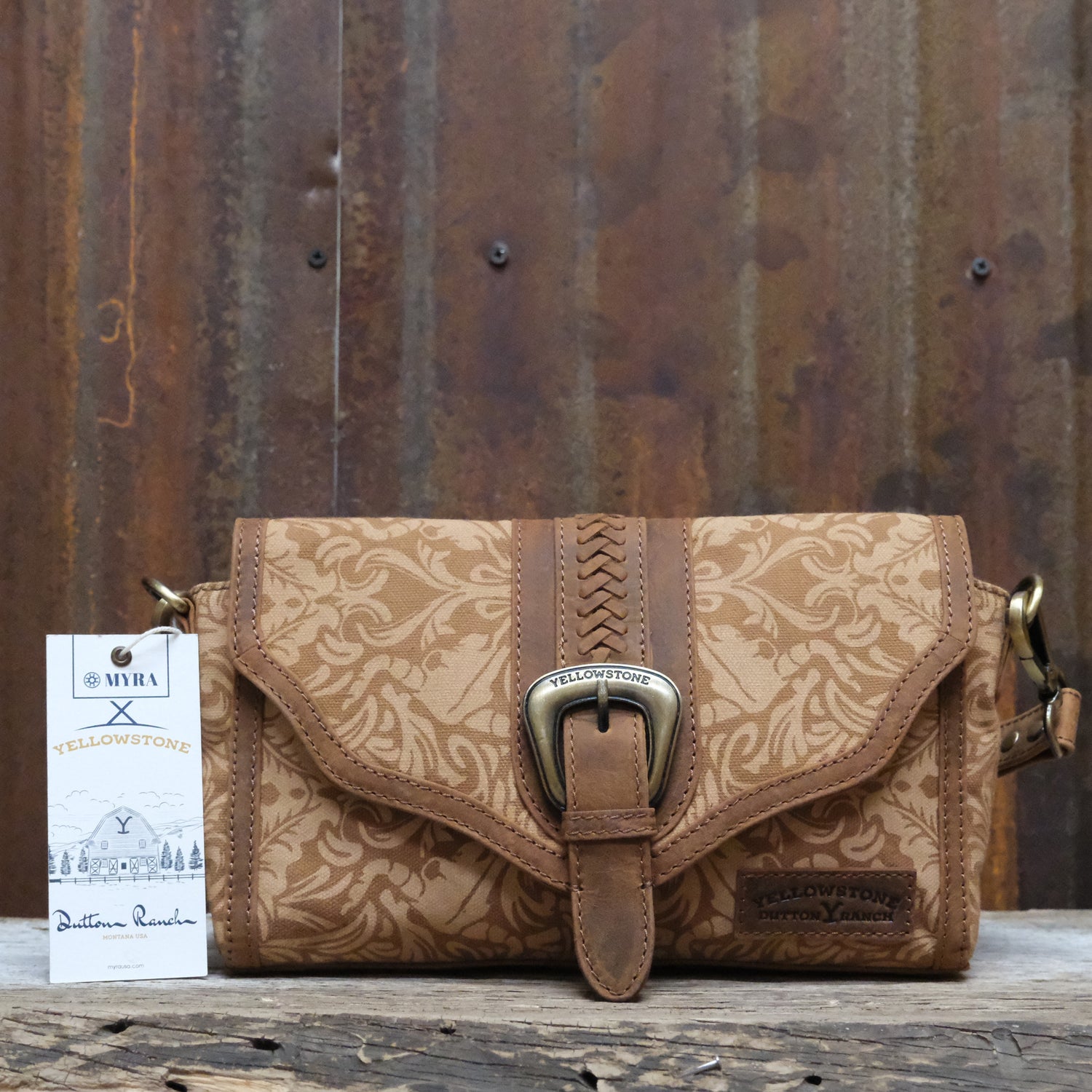 Myra Yellowstone Maverick Sky printed canvas crossbody bag in amber with buckle and leather trim