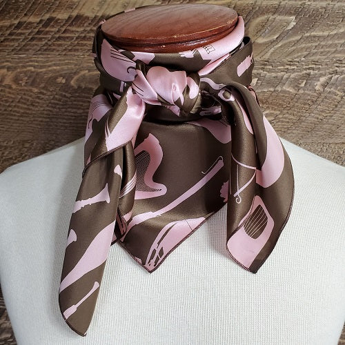 Cowboy Images 36x36 silk charmeuse wild rag in pink and brown with instrument print