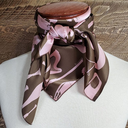 Cowboy Images 36x36 silk charmeuse wild rag in pink and brown with instrument print