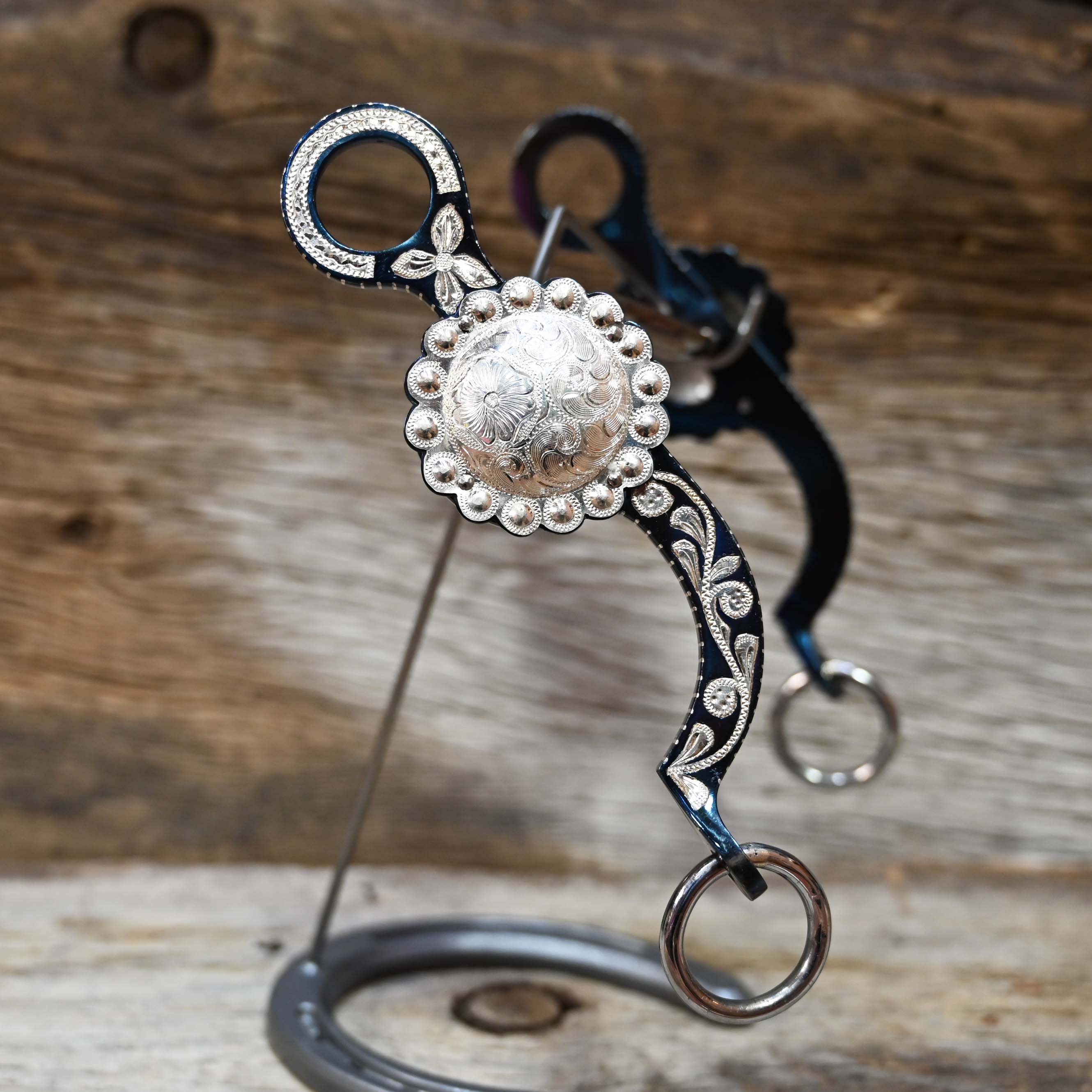 JT Silversmiths Argentine Snaffle Leaves and Concho with  Berry Edge Silver Inlay-Blue